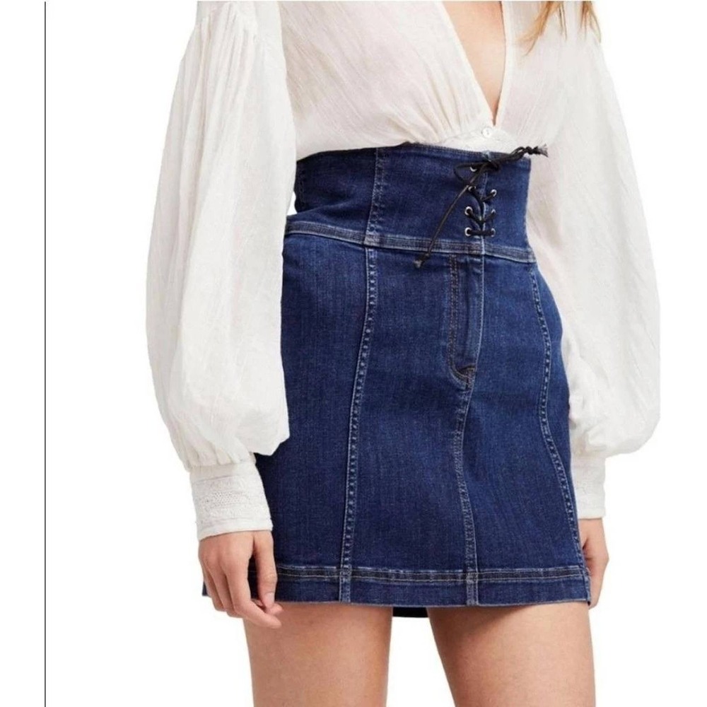 Free People Modern Femme Lace-Up Corset Mini Skirt Dark Wash Denim Boho Size 4